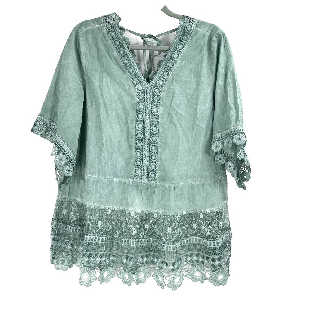 INDIGO THREAD CO Boho Lace Trim Tunic Blouse Green Mineral Wash V-Neck SZ L